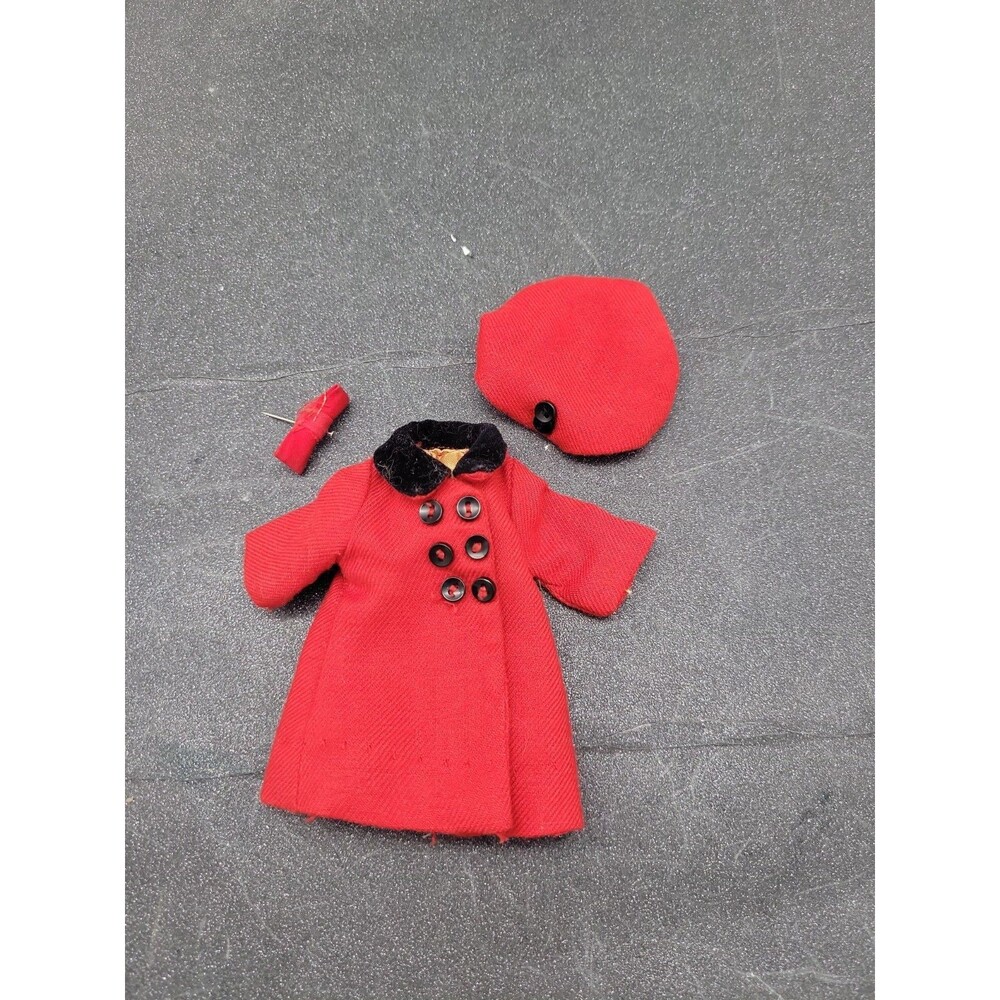 Vtg 1964 Penny Brite Doll Red Winter Coat w/ Black Collar Beret Bow Travel Set